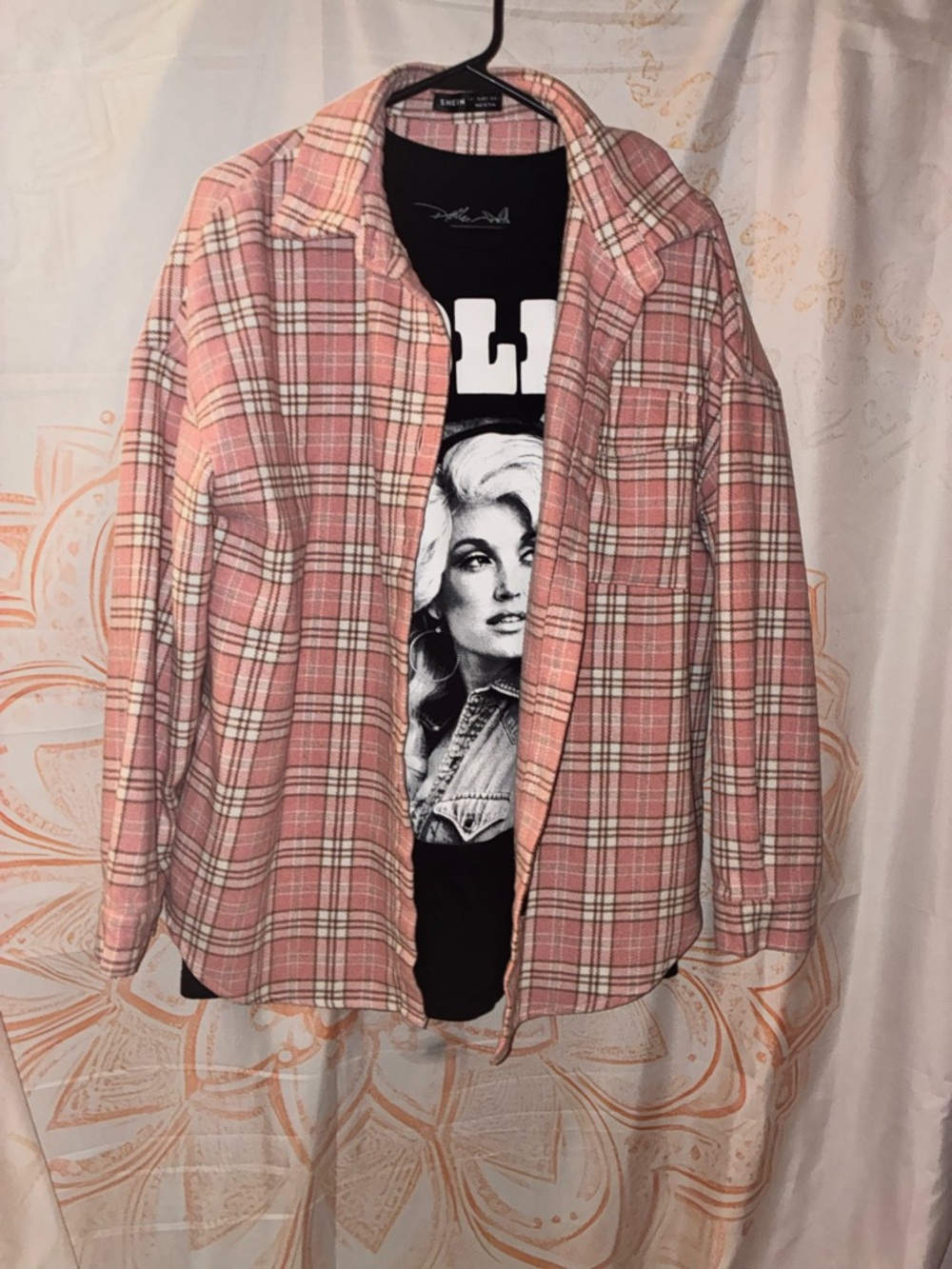 SHEIN Pink Plaid Button-Up Shirt w/ a Dolly Parton Graphic Tee